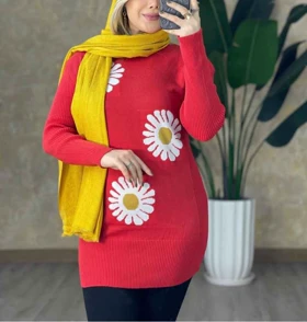 تونیک بافت زنانه طرح گل بابونه آستین بلند یقه گرد کد 1210