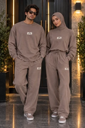 ست دورس و شلوار بگ دو نخ پنبه (Oversize) رنگ شکلاتی