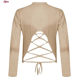 کراپ تیشرت آستین بلند زنانه مدل پشت بندی رنگ کرم کد 5228-609P