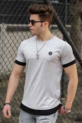 تیشرت مردانه با جزئیات پاره شده خاکستری 4489