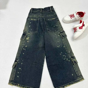 شلوار جین 8جیب بگ زاپ‌دار طرح رنگی دخترانه