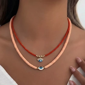 گردنبند تابستانی گلبهی و نارنجی با آویز چشم‌نظر