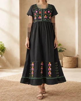 پیراهن زنانه گلدوزی آستین کوتاه هندی SH7636 (مشکی)