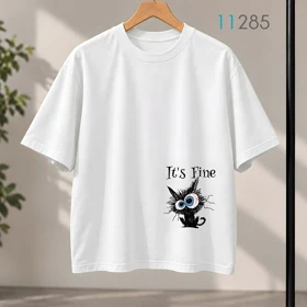 تیشرت اورسایز سفید طرح گربه فانتزی It's Fine
