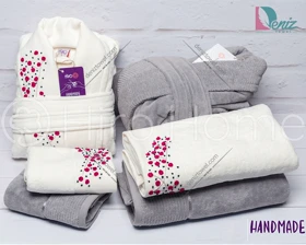 حوله ست دو نفره HANDMADE شکوفه رنگ شیری و فیلی