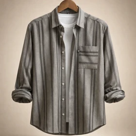 پیراهن پشمی لوکس راه راه عمودی طوسی – طراحی مینیمال پرمیوم