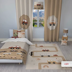 پرده پانچی اتاق کودک برند مینوریا کیدز طرح ماشین کد p-412