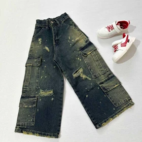 شلوار جین 8جیب بگ زاپ‌دار طرح رنگی دخترانه