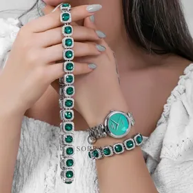 ساعت الگانس زنانه شیشه منشوری / ساده بند استیل رنگ سیلور صفحه سبز