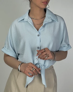 شومیز گره‌ای آستین کوتاه کد 500497 (آبی)