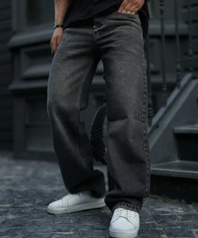 شلوار بگ ذغالی سیر مردانه پارچه جین کجراه سنگشور گرماژ بالا با قد 110 سانت کد b325