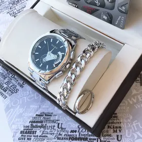 ست ساعت دستبند کارتیر و انگشتر استیل مردانه 210270330