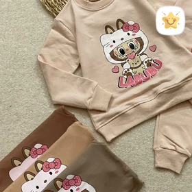 بلوز شلوار دخترانه جنس پنبه مدل لبوبو TT مناسب 9 تا 12 سال