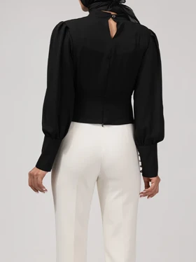 بلوز مجلسی زنانه کرپ حریر یقه چپ راستی آستین پفی 40106