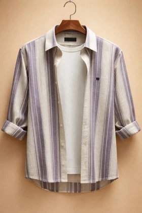 پیراهن استین بلند (طرح راه راه عمودی ملایم در تناژ بژ روشن و یاسی)کدZ01