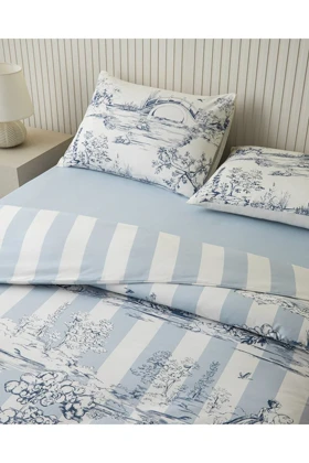 سرویس روتختی یک نفره English Home مدل Striped Jouy پنبه‌ای - آبی