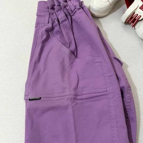 شلوار کتان بگ پایین بنددار دخترانه بنفش و مشکی