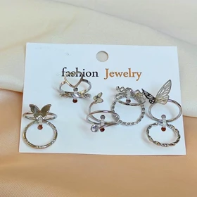 ست 5 تایی انگشتر فشن نقرهای مدل لایهای با طرح پروانه و قلب - Fashion Jewelry