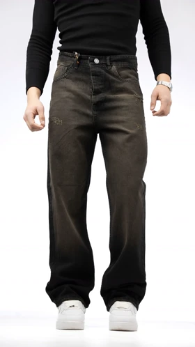 شلوار جین نیم بگ ذغالی تینت زرد گازوییلی مردانه پارچه کجراه با قد 110 جدید مدل 2026