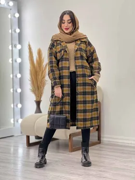 پالتو بلند چهارخونه سر جیب دکمه