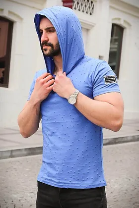 تیشرت کلاهدار ساکس با جزئیات پاره شده 3069