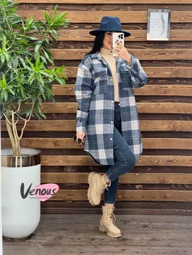 پالتو چهارخونه دکمه چوبی