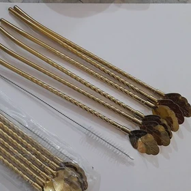 نی شربت استیل طلایی 6عددی بافرچه طرح برگ/p401