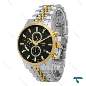 ساعت سیکو مردانه سه موتوره دورنگ طلایی صفحه مشکی Seiko-8745-G