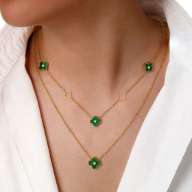 گردنبند استیل ونکلیف چند لاین سبز طلایی