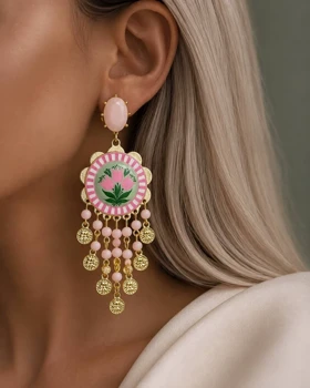 گوشواره وارداتی گلبرگ آویز و سکه (صورتی)