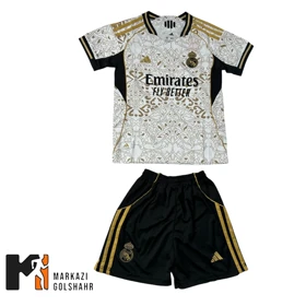 کیت فوتبالی رئال سفید طلایی بچه گانه کد 2018005