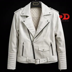 جکت چرم سفید یقه انگلیسی زیپ کج باکسی اولد مانی پایین گتر