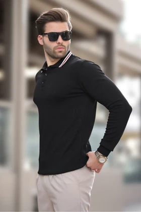 ژاکت پولو آستین بلند دکمه دار مشکی 7269