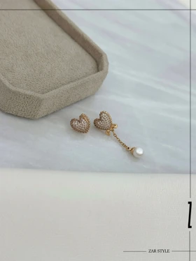 گوشواره تابه‌تا قلب فول نگین مروارید آویز