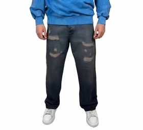 شلوار جین زاپدار بگ مردانه سرمه ای با شست آبی