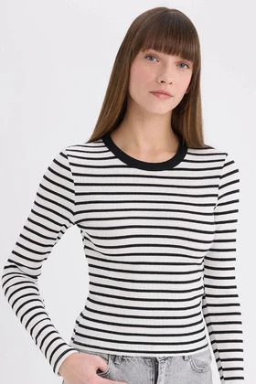 تیشرت آستین بلند یقه راه راه Slim Fit Slim Cut Crew D3754AX25SP
