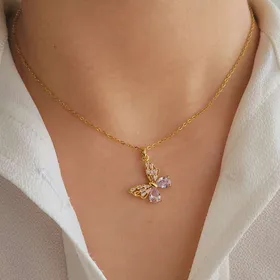 گردنبند طلایی دخترانه پروانه با بال شیشه ای