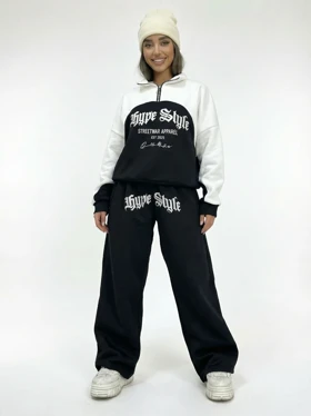 دورس یقه دار نیم زیپ و شلوار بگ تو کرکی دو رنگ طرح Hype Style