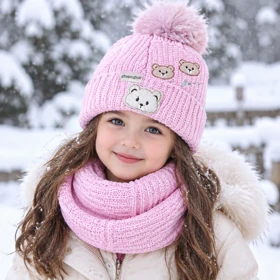 ست کلاه و شال گردن بافت بچگانه صورتی باربی طرح خرسی داخل مخمل (3 تا 6 سال)