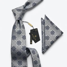 کراوات و پوشت دستدوز طرح گل 7 پر برند Massimo Dutti (نقره ای)