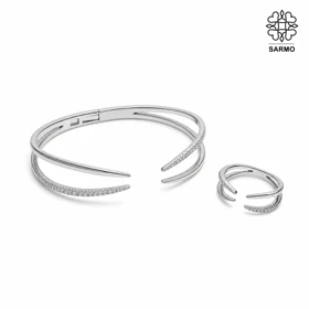 ست بنگل و انگشتر نگین‌دار خطی نقره ای HGH کد 312050146