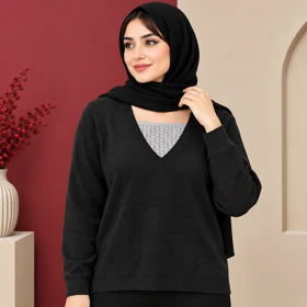 بلوز بافت وارداتی یقه هفت گیپور دار کد 6083 (مشکی)