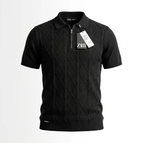 تیشرت نیم زیپ طرح مارپیچ لوزی برند Zara (مشکی)