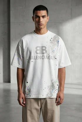 تیشرت بلن چاپ نگینی رنگ پاشی هنری ماکان پنبه باکسی با کیفیت دو رنگ