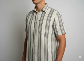 پیراهن مردانه آستین کوتاه راه راه کنفی طوسی روشن 716