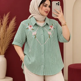 شومیز راه راه گلدوزی شده وارداتی کد 6075 (سبز)