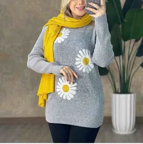تونیک بافت زنانه طرح گل بابونه آستین بلند یقه گرد کد 1210