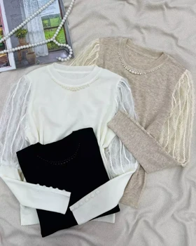 پلیور بافت استین کارشده یقه مروارید کد 5499