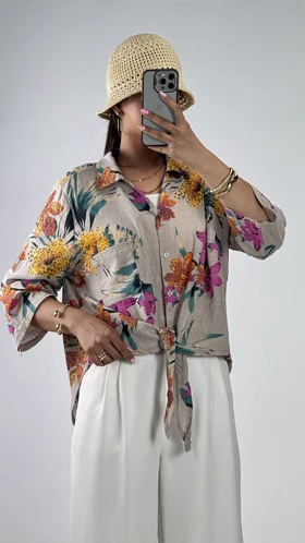 شومیز گره‌ای گل‌دار کد 500674 (کرم)