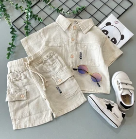 پیراهن شلوارک کارگو (شیری)